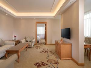 uma sala de estar com um sofá e uma televisão em Vienna Hotel Dongguan Mayong Centre Avenue em Dongguan
