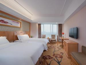um quarto de hotel com duas camas e uma televisão de ecrã plano em Vienna Hotel Longchuan em Longchuan