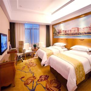a hotel room with three beds and a flat screen tv at Vienna Hotel Shanghai Meilan Lake Metro Station in Luodian