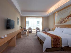 Vienna Hotel (Qionghai Yinhai Road) في Qionghai: غرفة فندقية بسرير كبير وتلفزيون بشاشة مسطحة