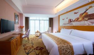 Vienna Hotel Guangdong Huizhou Yuanzhou في Yuanzhou: غرفة فندقية بسرير كبير وتلفزيون بشاشة مسطحة