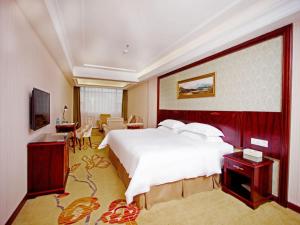 宝安にあるVienna Hotel Shenzhen Shiyan Shilong Communityの大きなベッドとテレビがあるホテルの部屋