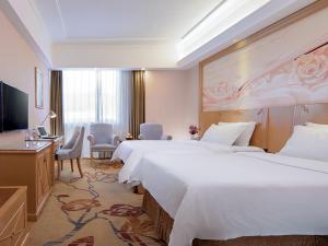 a hotel room with two beds and a television at Vienna Hotel Guangzhou Panyu Huanan Country Garden in Guangzhou