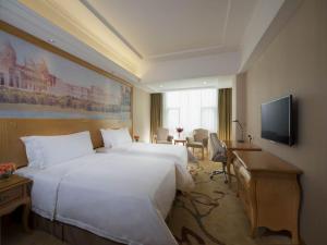 Vienna Hotel Shenzhen Longhua South Renmin Road في باوان: غرفة فندقية بسريرين وتلفزيون بشاشة مسطحة