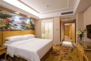 宝安にあるVienna 3 Best Hotel Shenzhen Longhuadalang Commercial Centreの大きなベッド付きのベッドルーム1室、壁に絵画が飾られています。