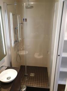ein Bad mit einer Dusche, einem Waschbecken und einem WC in der Unterkunft Appartement Paccard, Centre Ville in Chamonix-Mont-Blanc