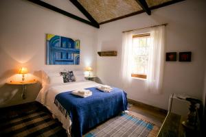 Bichinho的住宿－Pouso do Bichinho 1，一间卧室配有一张带蓝色床单的床和一扇窗户。