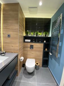 a bathroom with a toilet and a sink at DOM Boutique Apartments - Park View in Belgrade