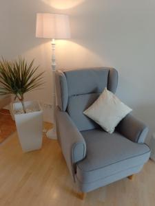 - une chaise bleue avec un oreiller dans le salon dans l'établissement Muemling Apartment 2, à Erbach