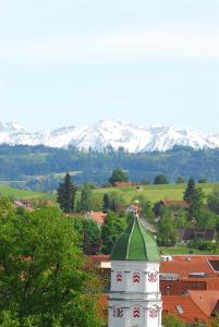 a building with a green roof with mountains in the background at Ferienwohnung Rack in Wangen im Allgäu