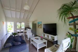 ein Wohnzimmer mit einem blauen Sofa und einem Fernseher in der Unterkunft Ultimate Caribbean Experience in Willemstad