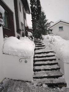 un escalier enneigé en face d'une maison dans l'établissement Ferienwohnung Rosa Müller, à Wangen im Allgäu