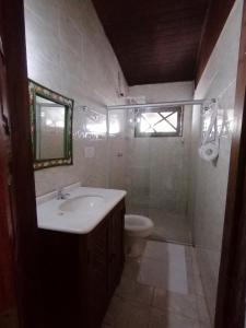 トリンダーデにあるPousada Recanto dos Pássarosのバスルーム(洗面台、トイレ付)、窓が備わります。