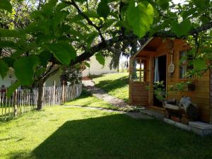 a small wooden cabin with a tree in the yard at Auszeit auf dem Lindenhof in Wangen im Allgäu