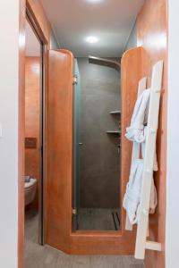 a bathroom with a shower and a mirror at Akti Naoussa Paros in Naousa