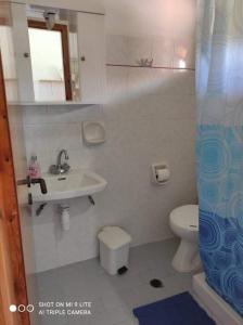 a bathroom with a sink and a toilet and a mirror at lina studios in Mesongi