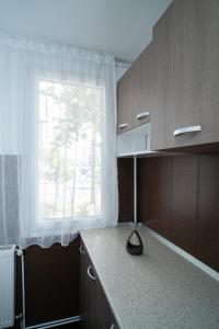 a kitchen with a window and a counter top with at Garsoniera LUX Drumul Taberei in Bucharest +10 photos