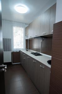 a kitchen with wooden cabinets and a sink and a window at Garsoniera LUX Drumul Taberei in Bucharest