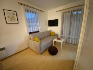 a living room with a couch and a table at Flat 123 ubytování pod sjezdovkou - Adults only in Deštné v Orlických horách