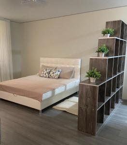 a bedroom with a bed and shelves with potted plants at Уютная квартира, в центре города in Tiraspol