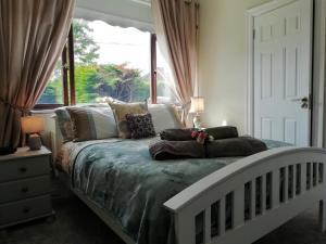 um quarto com uma cama com almofadas e uma janela em Creevy Annex - 2 bedroom Self Catering Accomodation em Rake Street