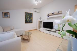 a white living room with a white couch and a tv at Hiša Orel (Orel House) in Križ