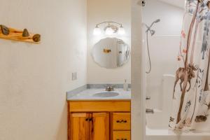 a bathroom with a sink and a shower with a mirror at Red Fox Den in Sylva +19 photos