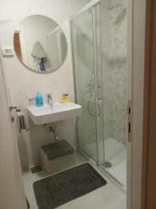 a bathroom with a shower and a sink and a mirror at Apartment Alex in Bar