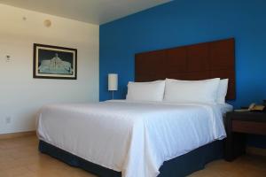 um quarto com uma cama grande e uma parede azul em Holiday Inn Express Mérida, an IHG Hotel em Mérida