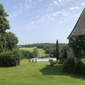 Villa Le Creyssac في Saint-Félix-de-Bourdeilles: مسبح فيه خيلين في ساحة