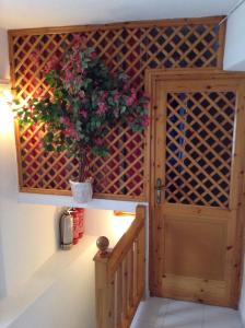 a door with a potted plant next to a staircase at Seatincenter Rooms in Mikonos