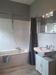 a bathroom with a sink and a bath tub and a sink at Gutshof Rothensande in Waabs