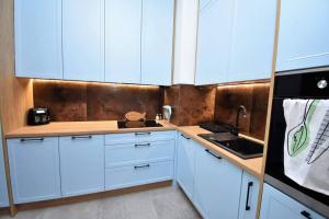 Kuchyňa alebo kuchynka v ubytovaní Apartament Blue Bastion Wałowa 23c z klimatyzacją i miejscem parkingowym w podziemnym parkingu