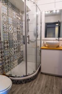 een badkamer met een douche, een toilet en een wastafel bij Caledonian Canal Studio in Inverness