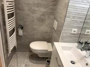 La salle de bains est pourvue de toilettes et d'un lavabo. dans l'établissement Très bel appartement T2 de standing entièrement meublé à 5 min à pied du centre., à Divonne-les-Bains