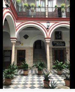 a building with potted plants on a checkered floor at Piso a 60 metros de la Catedral in Seville