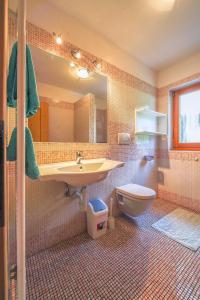 uma casa de banho com um lavatório, um WC e um espelho. em Peterlungerhof em Siusi