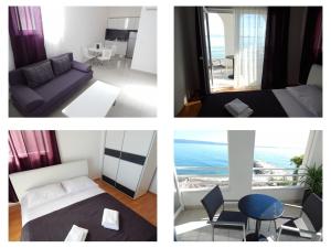een collage van drie foto's van een slaapkamer en een woonkamer bij Sea Star Apartments Podstrana in Podstrana