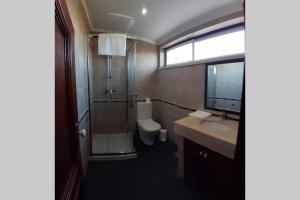 a bathroom with a shower and a sink and a toilet at A Casa da Foz Moradia com vista mar in Sesimbra