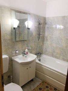 a bathroom with a sink and a tub and a toilet at Apartament Onix in Neptun