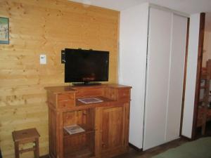 uma televisão num suporte de madeira num quarto em Studio Brides-les-Bains, 1 pièce, 4 personnes - FR-1-512-171 em Brides-les-Bains
