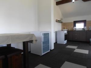 a kitchen with a white refrigerator and a counter at Pensiunea Crai Nou in Şirnea