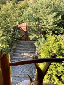 een uitzicht over een loopbrug met een houten brug bij Villa nagori in Slavske