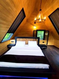 a bedroom with a large bed with two windows at Naturkoy Sapanca in Sakarya