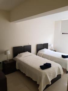 a bedroom with two beds with white sheets at Villa Aris in Ayios Theodhoros