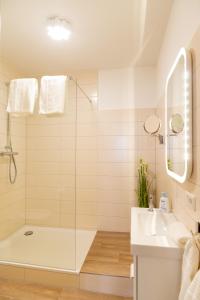 a bathroom with a shower and a tub and a sink at Ferienwohnung zum Marktplatz in Wernigerode +14 photos