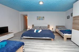1 Schlafzimmer mit 2 Betten und blauer Decke in der Unterkunft Hilltop Apartments Red & Blue in Portorož