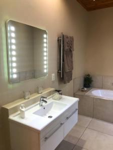 a bathroom with a sink and a mirror and a tub at Oak Tree Lodge in Paarl