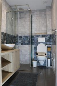a bathroom with a toilet and a glass shower at W Apartman in Vrnjačka Banja +29 photos