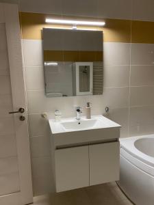 een badkamer met een wastafel, een spiegel en een toilet bij Apartament AVANA in Oradea